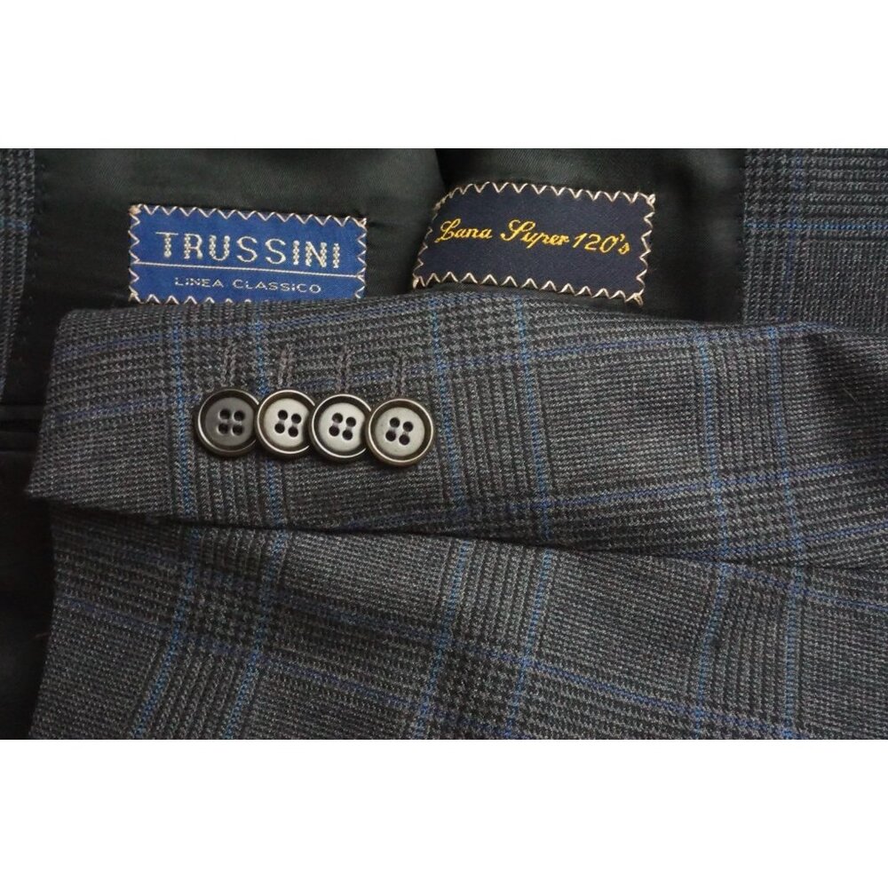 Trussini Gray Blue Plaid S120s Wool Sport Coat Jacket Sz 40